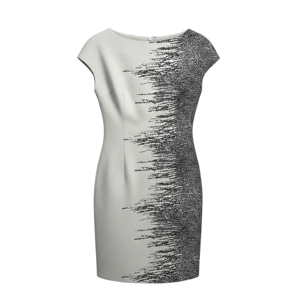 Lela Rose Grey Black Silk Dress Abstract Print Cap Sleeve Sheath Size 2